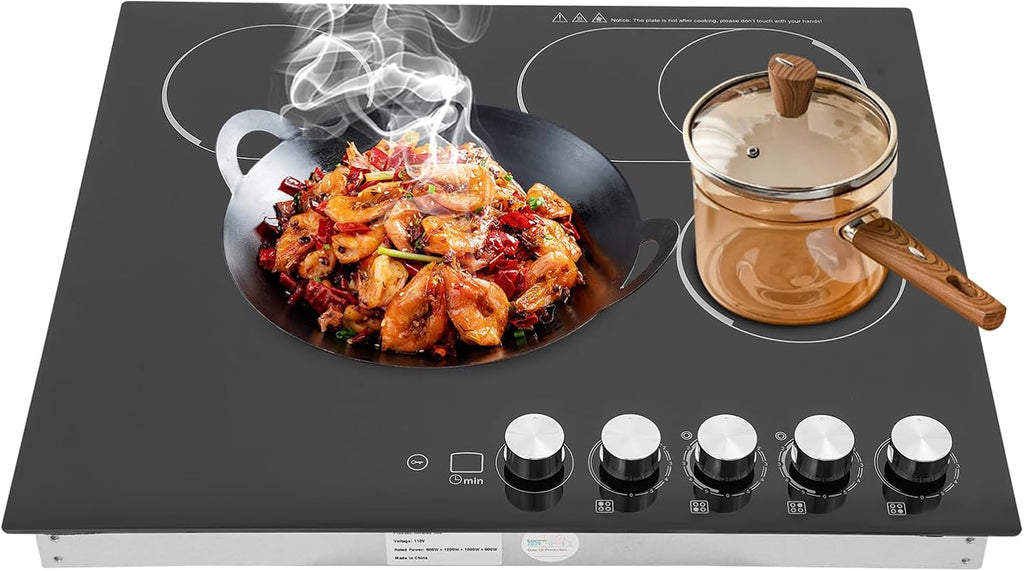 4 Burners Electric Stove Top with Knob Control, 23 Inch Radiant Electric Cooktop Countertop & Built-in, 110V Cooktop with 5 Power Levels, Auto Shut-Off and Overheat Protection (No Plug)