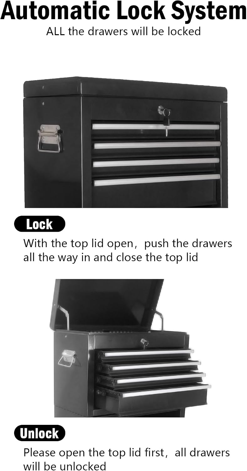 6-Drawer Tool Chest, 3-in-1 Rolling Tool Box with Detachable Top Toolbox & Key Lock,Tool Cabinet with Protective Liner & Universal Lockable Wheels,Metal Storage Cart for Garage,Workshop (Black)