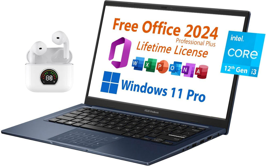 ASUS Vivobook 14' Laptop, Free Microsoft Office 2024 with Lifetime License, FHD Non-Touch Display, Intel 6-Core i3-1215U 4.4 GHz, WiFi 6E, 8GB RAM, 256GB SSD, 10 hrs Battery, Toree Wireless Earbuds