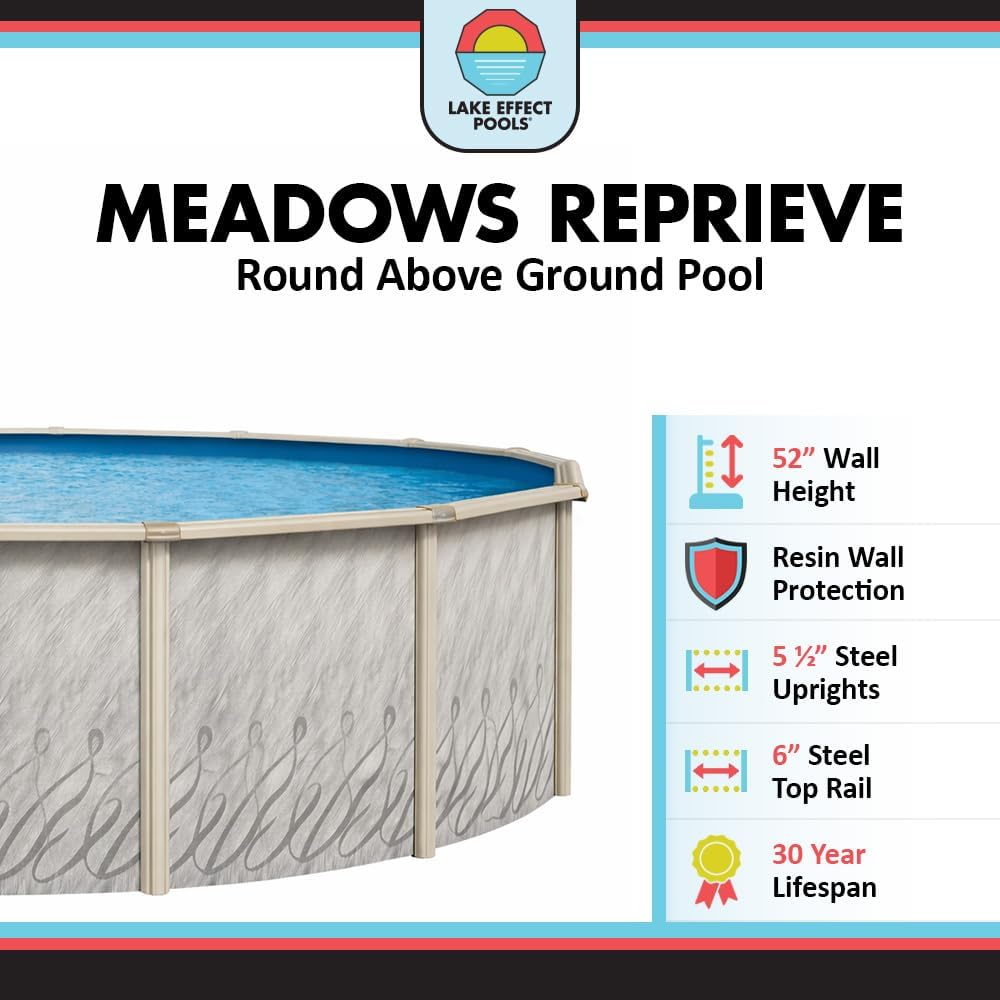 Lake Effect Pools 'Meadows' 15 ft Round Above Ground Swimming Pool | 52 Inch Steel Side Walls | Kit Includes: 25 Gauge Overlap Liner & Widemouth Skimmer