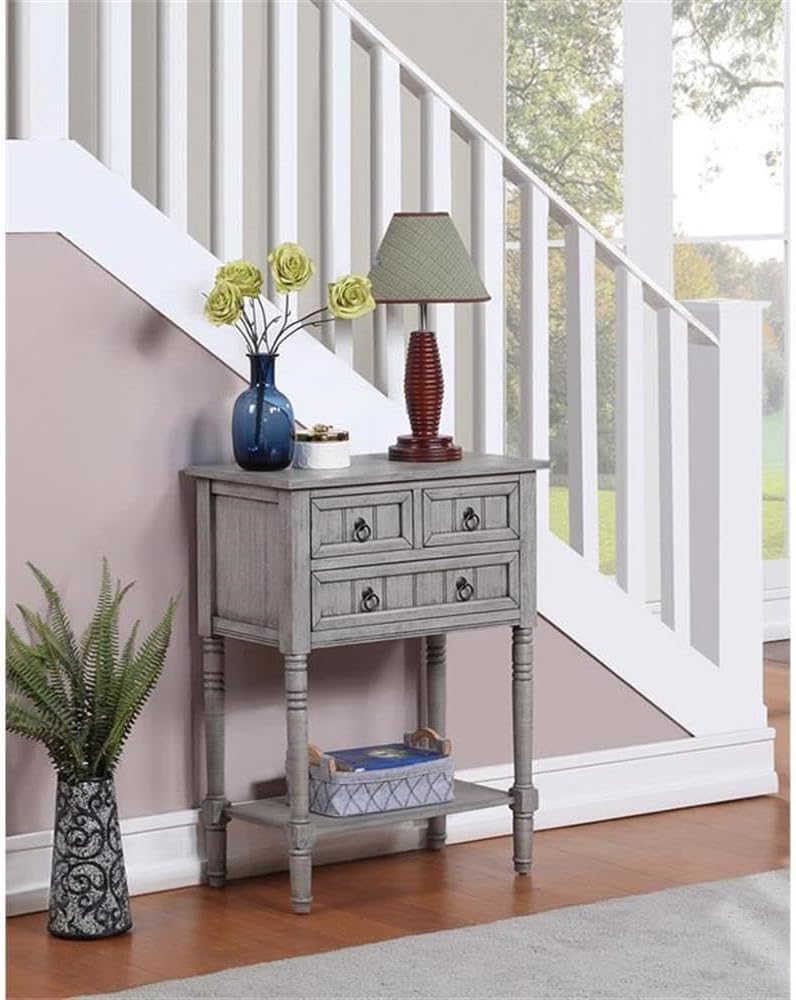 Convenience Concepts Kendra Entryway Hall Table 23.75' - 3 Storage Drawers, Traditional Console with Shelf for Decor, Office & Hallway Organizer, No Tools Assembly, Solid Wood, Wirebrush Light Gray
