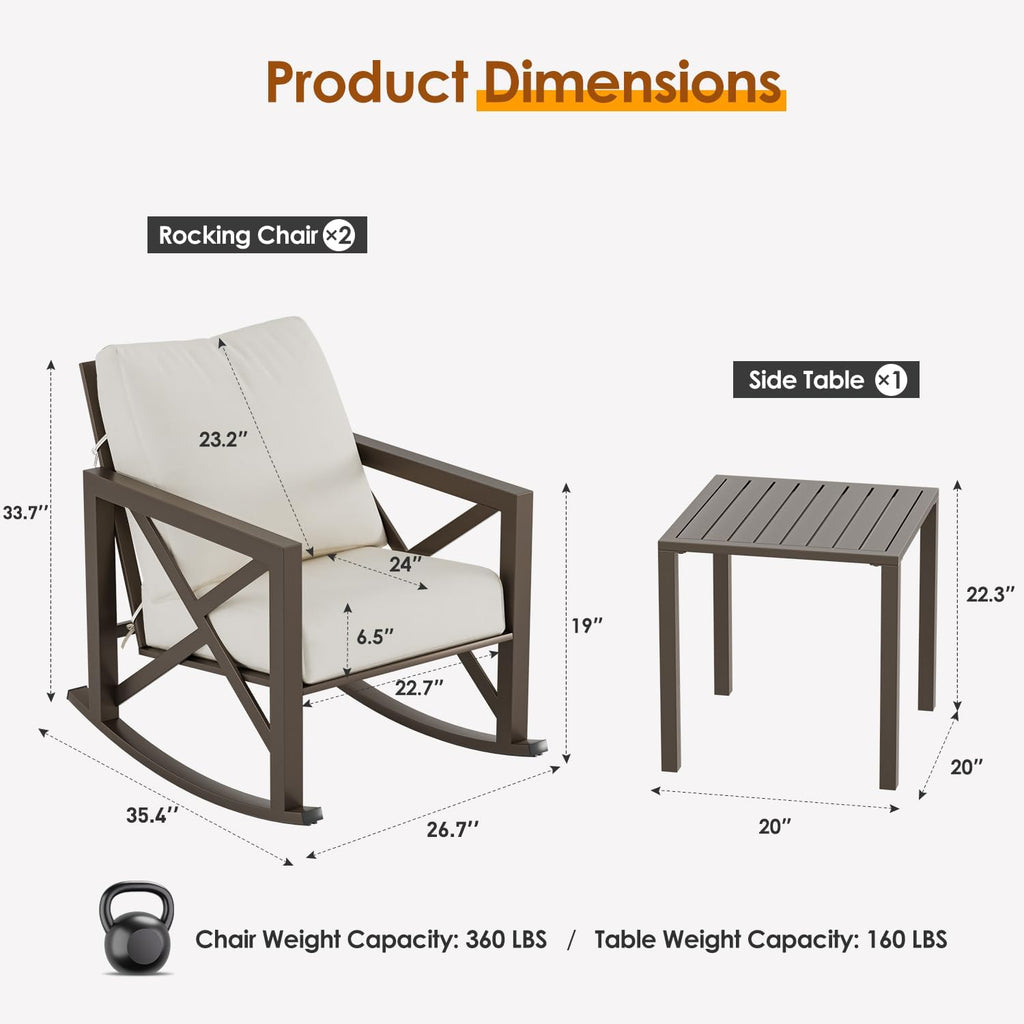 Outdoor Rocking Bistro Set, Patio Rocking Chairs Set of 2 with Coffee Table, 3 Pieces Metal Conversation Sets with 6.5' Thick Cushions for Backyard, Porch, Poolside, Oversized (Beige)
