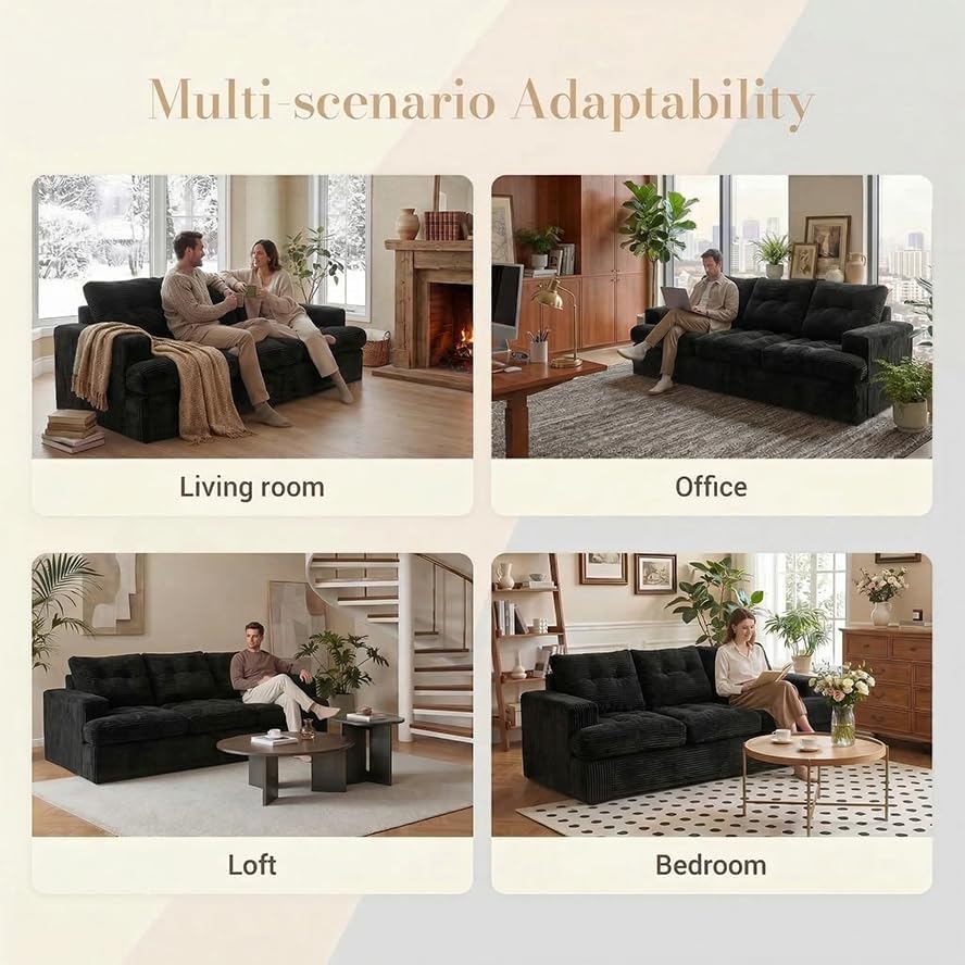 85' Corduroy 3 Seater Sofa in a Box, High-Density Foam Couch, No Assembly Compressed Deep Seat Sofa for Living Room, Bedroom, Apartment, Black | No Assembly Required, Soft Corduroy, HD Foam Comfort, Deep Seat Comfort, Sofa in a Box Setup