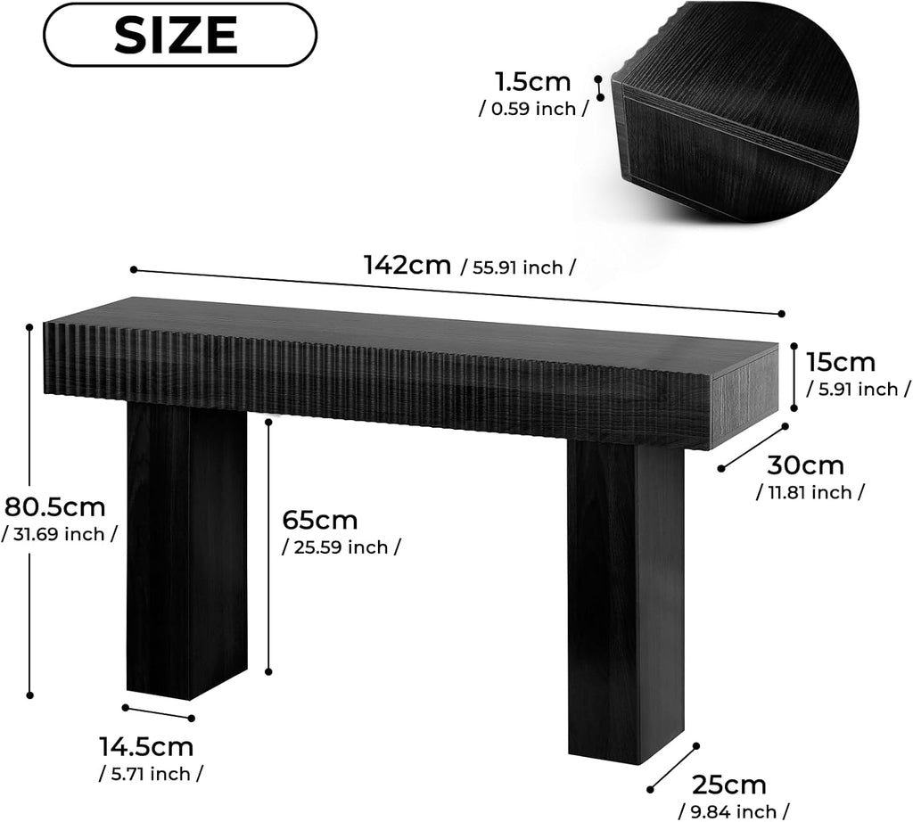 ZYBT 56' Long Fluted Console Table, Boho Vanity Desk Wooden Narrow Sofa Table Behind The Couch, Farmhouse Entryway Table for Entrance, Hallway,Living Room,Bedroom, Home Office Black