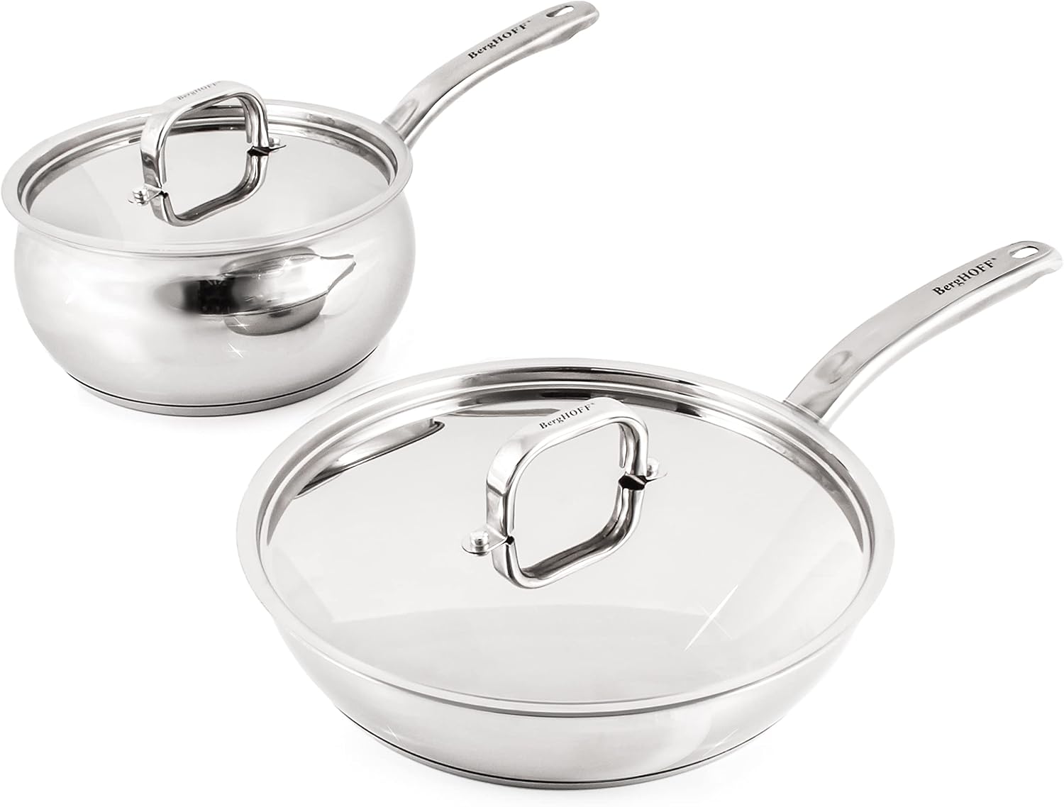 BergHOFF Belly Shape 18/10 Stainless Steel 4Pc Cookware Set, Metal Lids, Fast, Evenly Heat, Induction Cooktop Ready