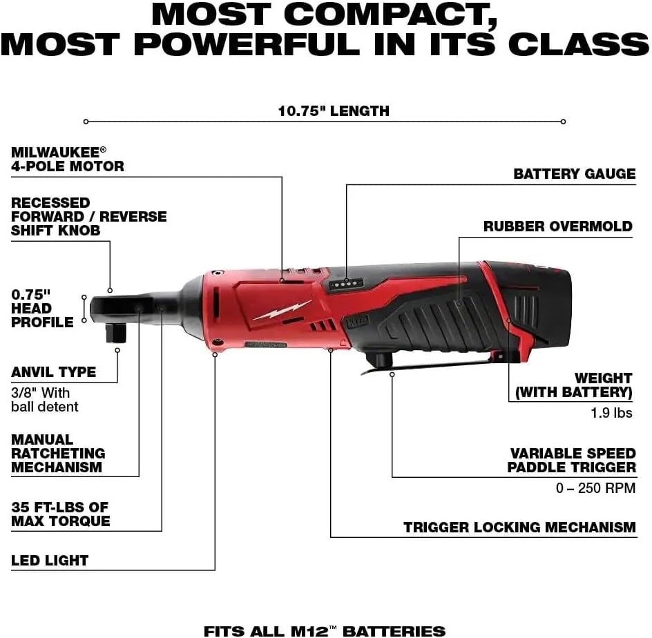 2498-25 for Milwaukee M12 Cordless 5-Tool Combo Kit 2457-20 Cordless Ratchet 2462-20 Impact Driver 2420-20 Reciprocating Saw 2407-20 Drill Driver 49-24-0146 Work Light