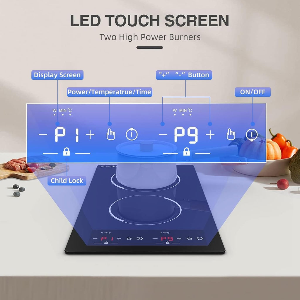 Double Induction Cooktop, WABK 2300W 2 burner Induction Cooker Cooktop, 110V Countertop & Built-in Electric Cooktop with Hot Plate, LED Touch Screen & 9 Power Levels, 2-Hour Timer and Child Lock