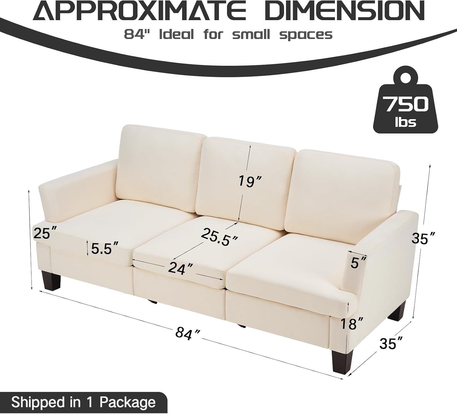 3 Seater Couch, 84' Comfy Linen Fabric Sofa with Deep Seat for Living Room, Modern Beige Sofa Couches for Bedroom, Apartment and Office (No Pillow)