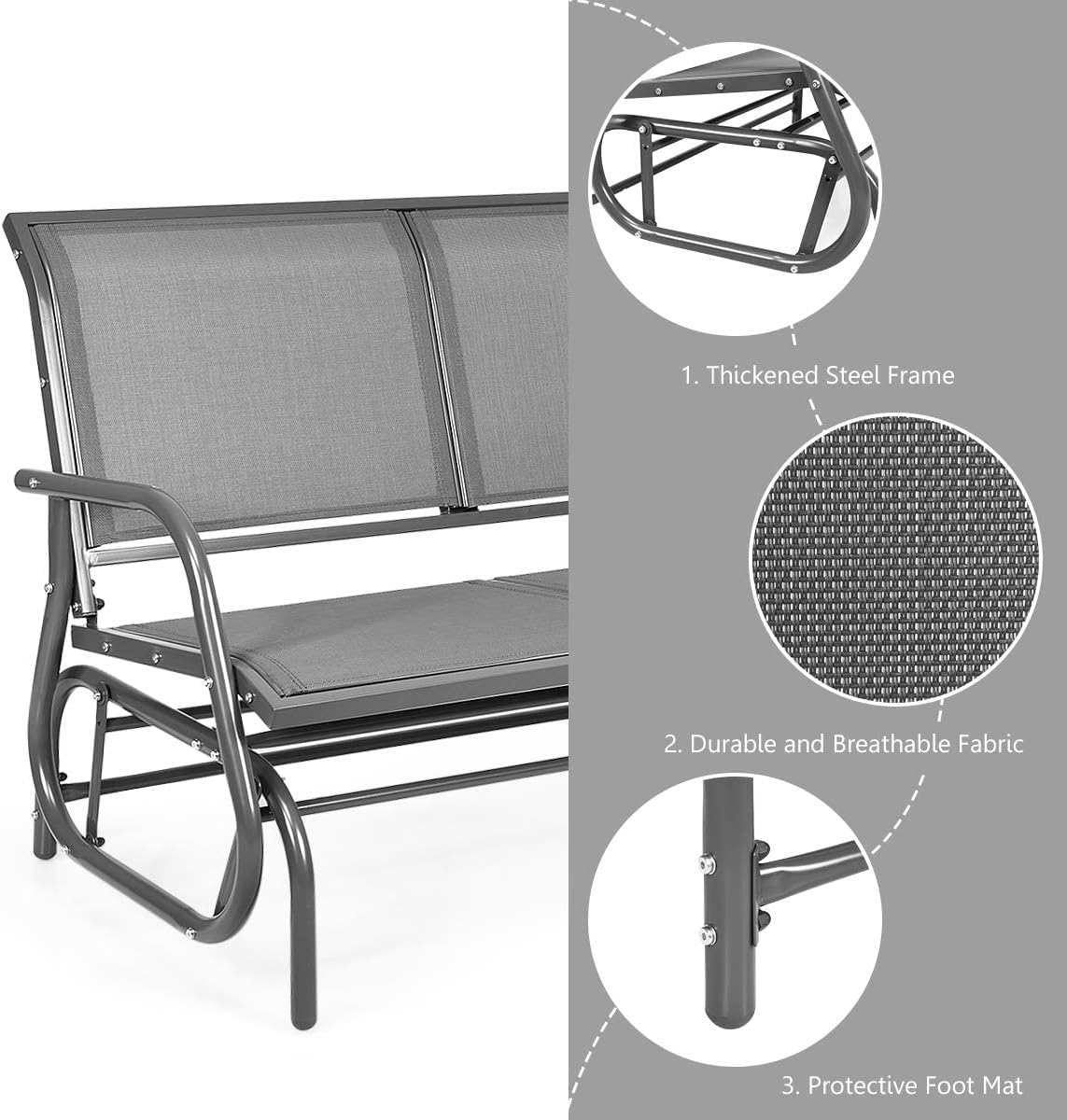 Giantex Swing Glider Chair 48 Inch with Spacious Space, 2 People Swing Lounge Glider Chair Cozy Patio Bench Outdoor & Indoor for Patio, Backyard, Poolside, Lawn Steel Rocking Garden Loveseat (Gray)