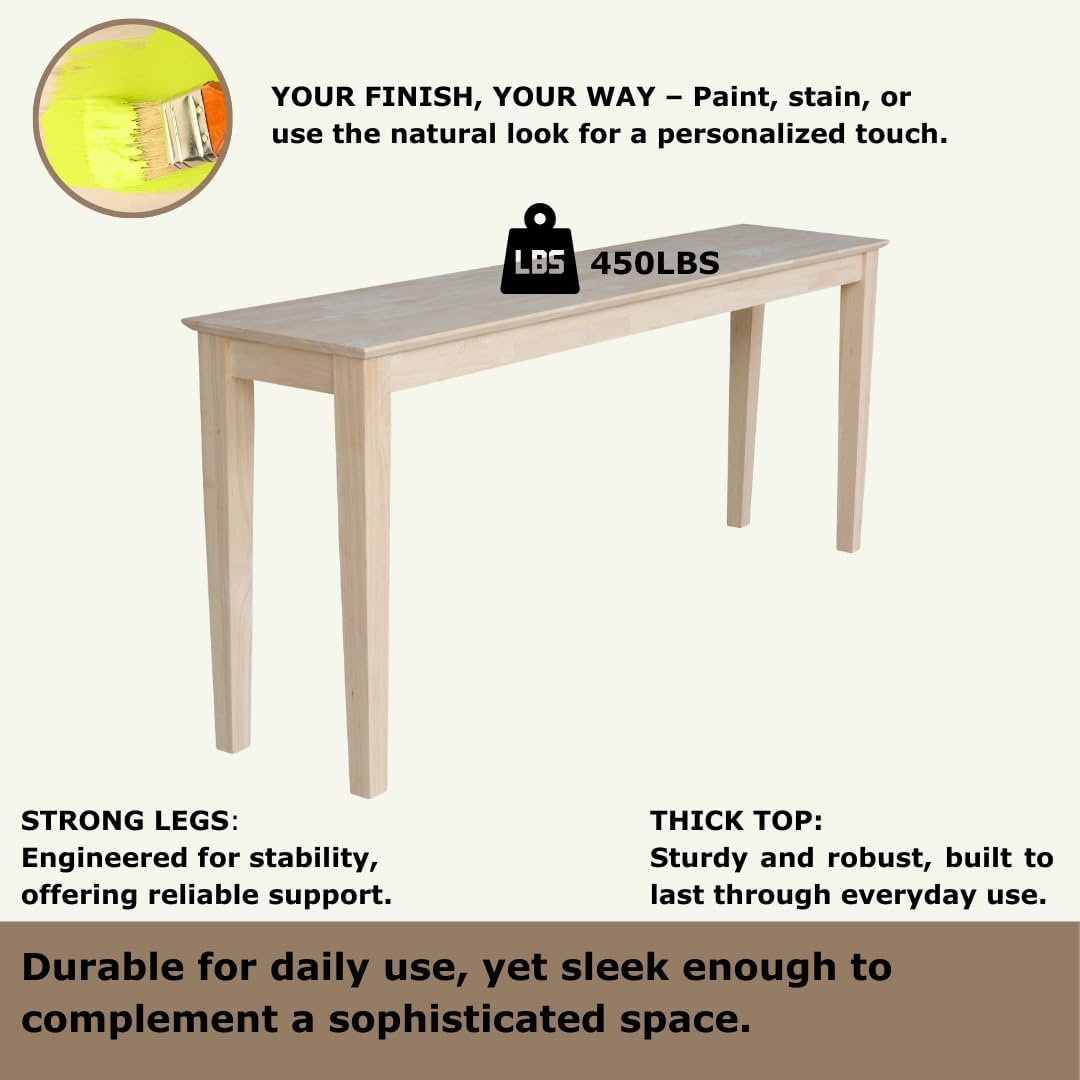 International Concepts Shaker Console Sofa Table, Entryway, 72-Inch Long, Solid Parawood, Unfinished