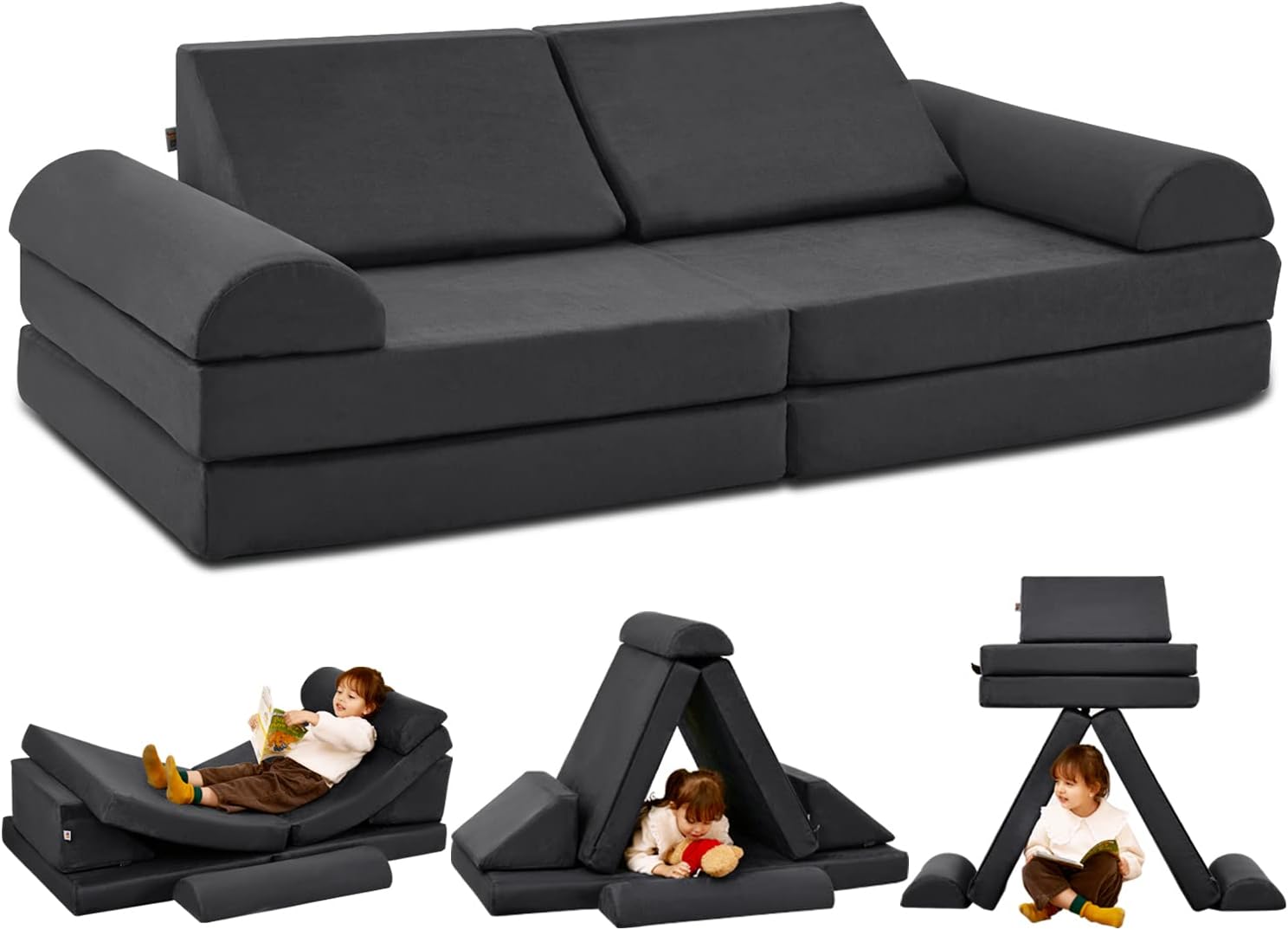 jela Kids Couch Safety Certified Play Couch Soft Kids Sofa with Machine Washable Cover Thick Foam Fort Building Set for Playroom Indoor (57'x28'x18', Charcoal)