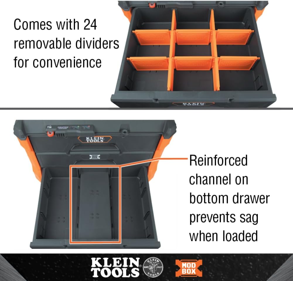 Klein Tools 54823MB MODbox 3-Drawer Tool Box Organizer, Heavy-Duty Tool Storage, Stackable Module, 50-Pound Capacity