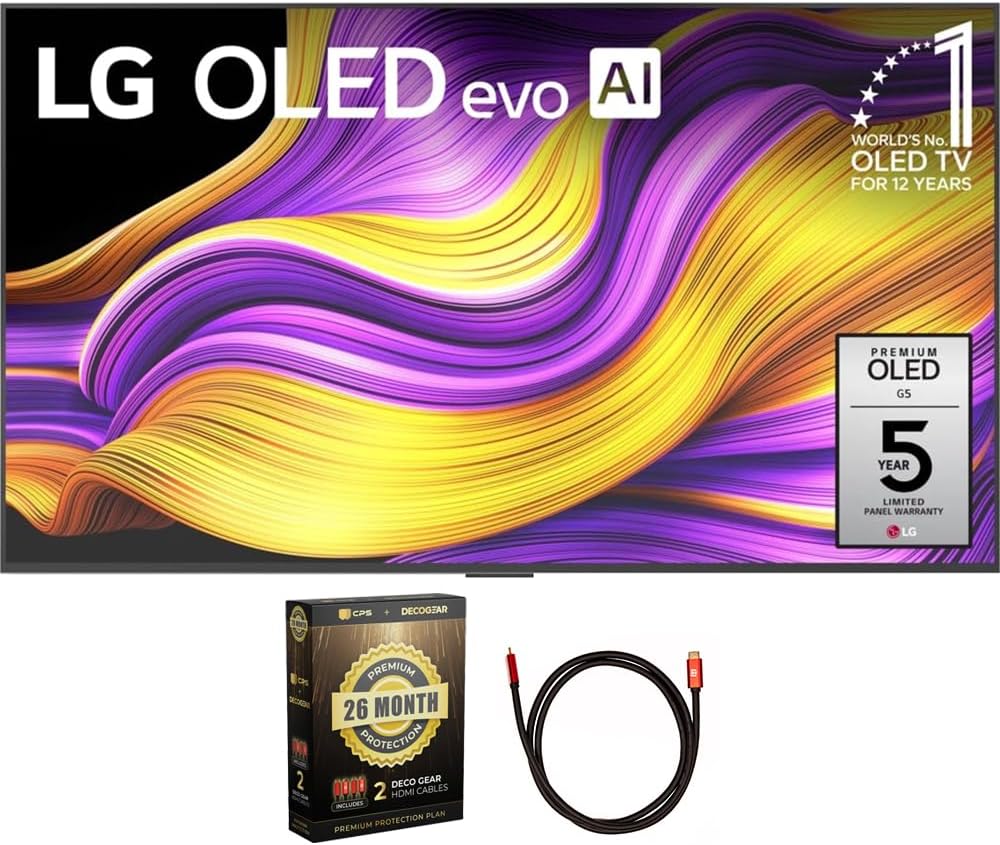 LG 55 Inch G5 Series OLED evo 4K UHD Smart webOS TV with One Wall Design (2025) (Renewed) Bundle with Deco Gear 6FT HDMI 2.0 Cable and CPS Exclusive 26 Month Protection Pack (BEACH-CPS-26M3500)