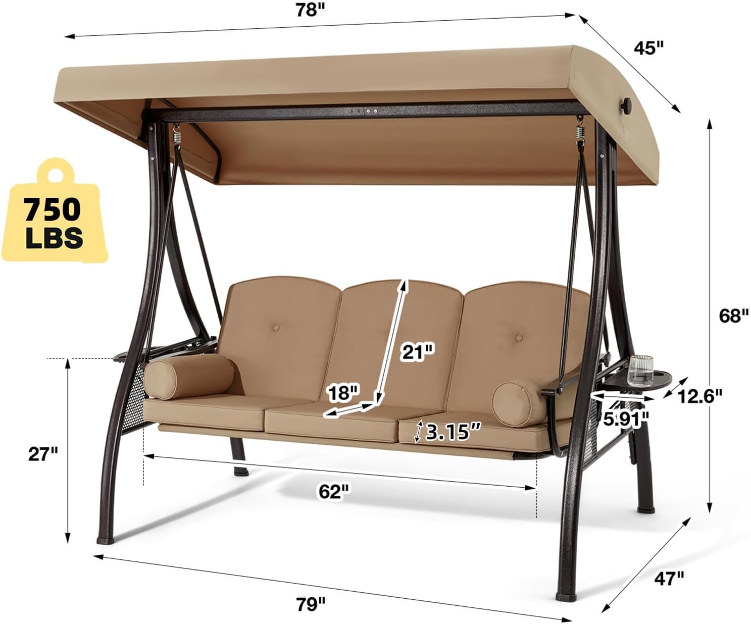 HOMREST 3 Person Outdoor Porch Swing with 1.5' Upgraded Cup Holder, Adjustable Canopy, Backrest, Patio Swing Bed with Weather Resistant Steel Frame, Cushions for Garden,Deck and Poolside(Brown)