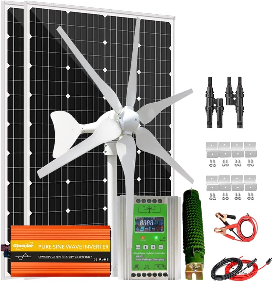 640W Wind Solar Powered Kit 12V 24V Off Grid System: 2pcs 120W Monocrystalline Solar Panel,400W Wind Turbine Generator,Hybrid MPPT Charge Controller & 3000W Inverter & Brackets