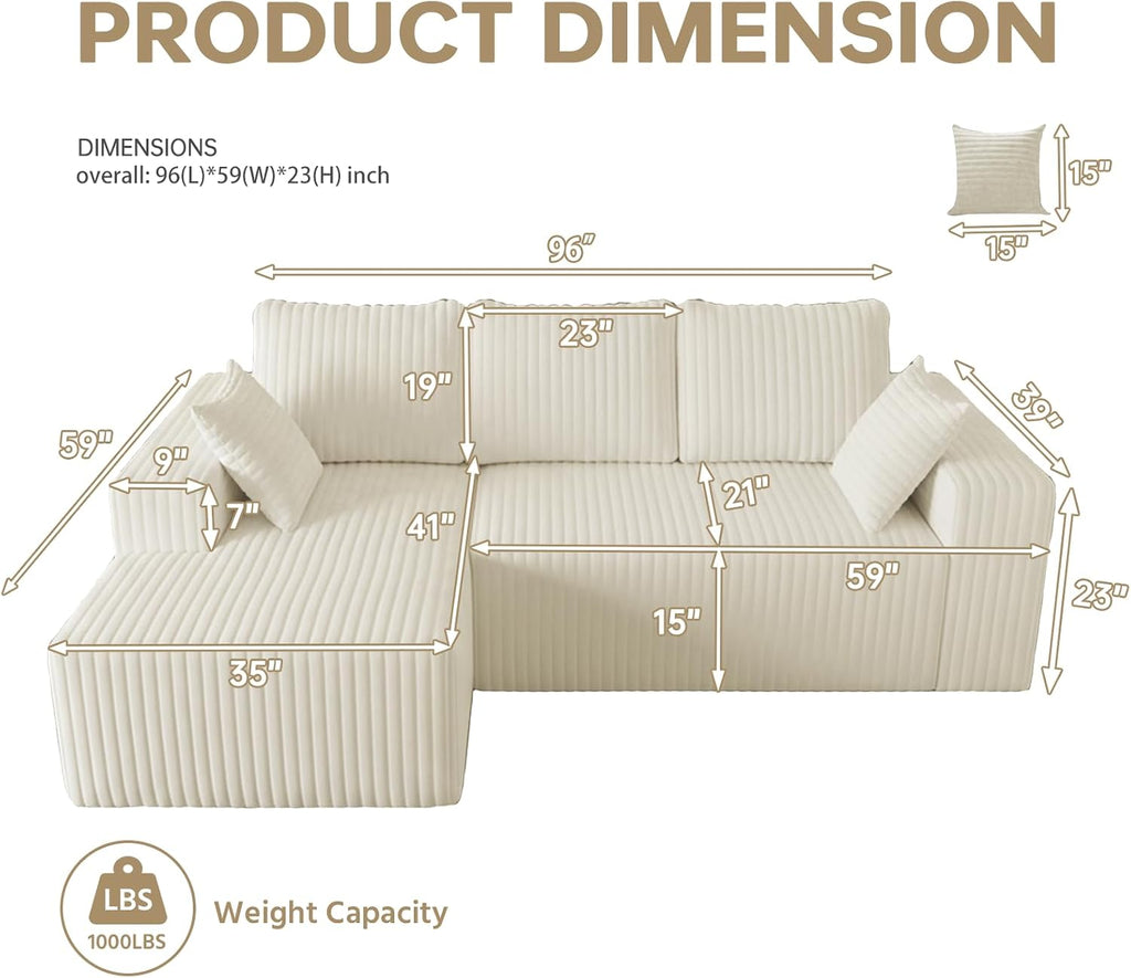 96' Modular Sectional Cloud Couch for Living Room Deep Seat L Shapes Boneless Couch with Oversized Chaise Lounge, Comfy Memory Foam Flannel Fabric Sofa for Bedroom Apartment, No Assembly Required