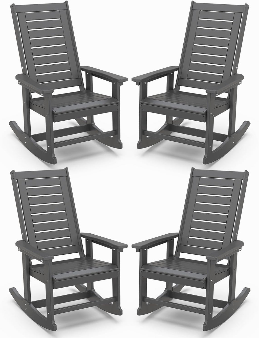 IVY&LANE Outdoor Rocking Chairs Set of 4 | Porch-Rockers | Grey | HDPE Plastic | All-Weather | High Back | Wide Seat | Oversized Patio Rocker for Adult | for Outside Deck Balcony Garden