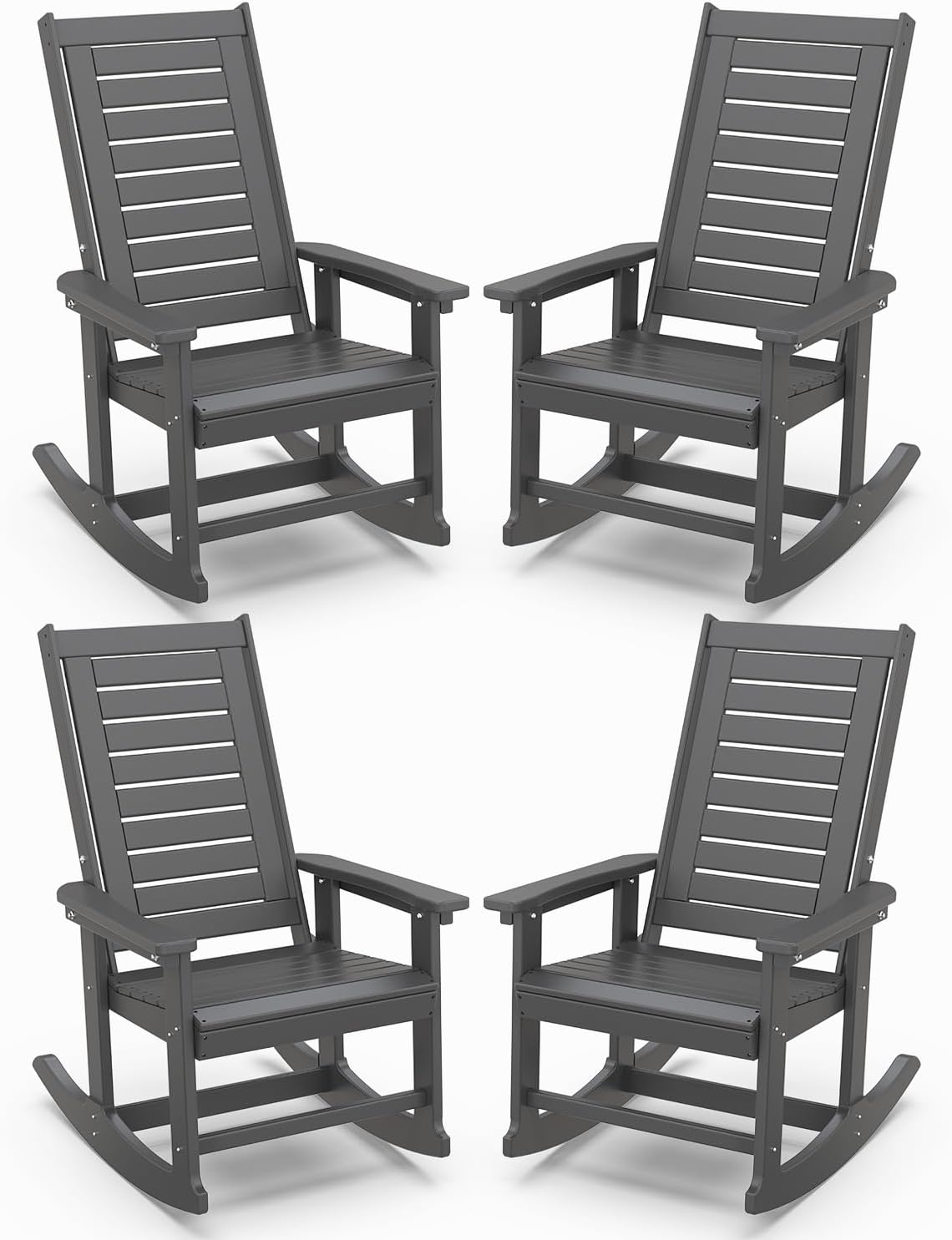 IVY&LANE Outdoor Rocking Chairs Set of 4 | Porch-Rockers | Grey | HDPE Plastic | All-Weather | High Back | Wide Seat | Oversized Patio Rocker for Adult | for Outside Deck Balcony Garden