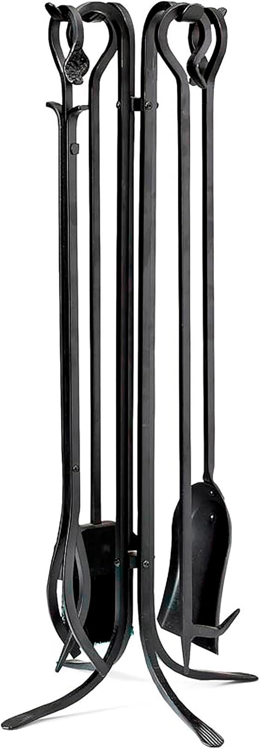 Plow & Hearth 5 Piece Hand Forged Iron Compact Fireplace Tool Set 32.5' | Black Wrought Iron Handle for Outdoor Indoor | Stand Poker Shovel Brush Log Tongs Wood Stove Accessory