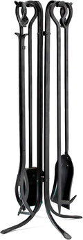 Plow & Hearth 5 Piece Hand Forged Iron Compact Fireplace Tool Set 32.5' | Black Wrought Iron Handle for Outdoor Indoor | Stand Poker Shovel Brush Log Tongs Wood Stove Accessory
