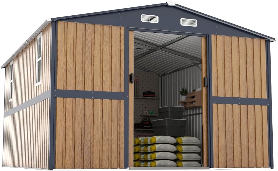 10x12FT Metal Storage Shed - Yellow Outdoor Shed with Lockable Doors & Windows, Extra Large Garden Shed for Backyard/Patio, Sheds & Outdoor Storage Ideal for Tools/Chicken Coops