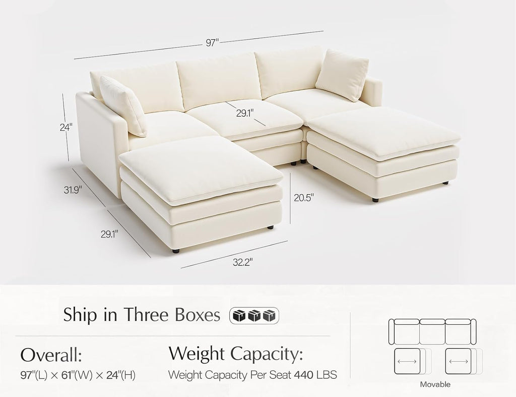 Sectional Couches for Living Room U Shaped Cloud Couch with Ottoman Deep Plush 5 Seats Sofa Modern Sofa for Apartment