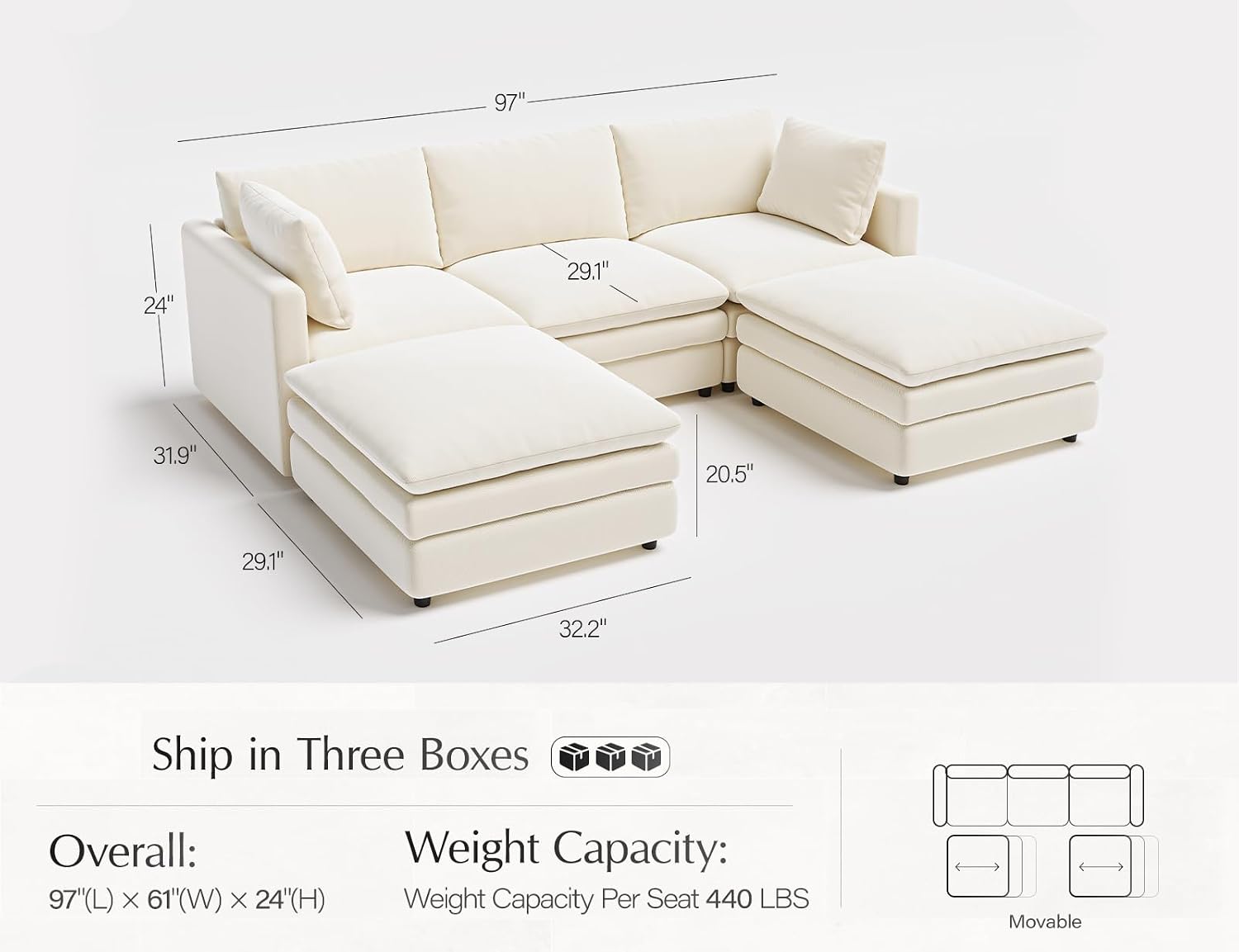 Sectional Couches for Living Room U Shaped Cloud Couch with Ottoman Deep Plush 5 Seats Sofa Modern Sofa for Apartment