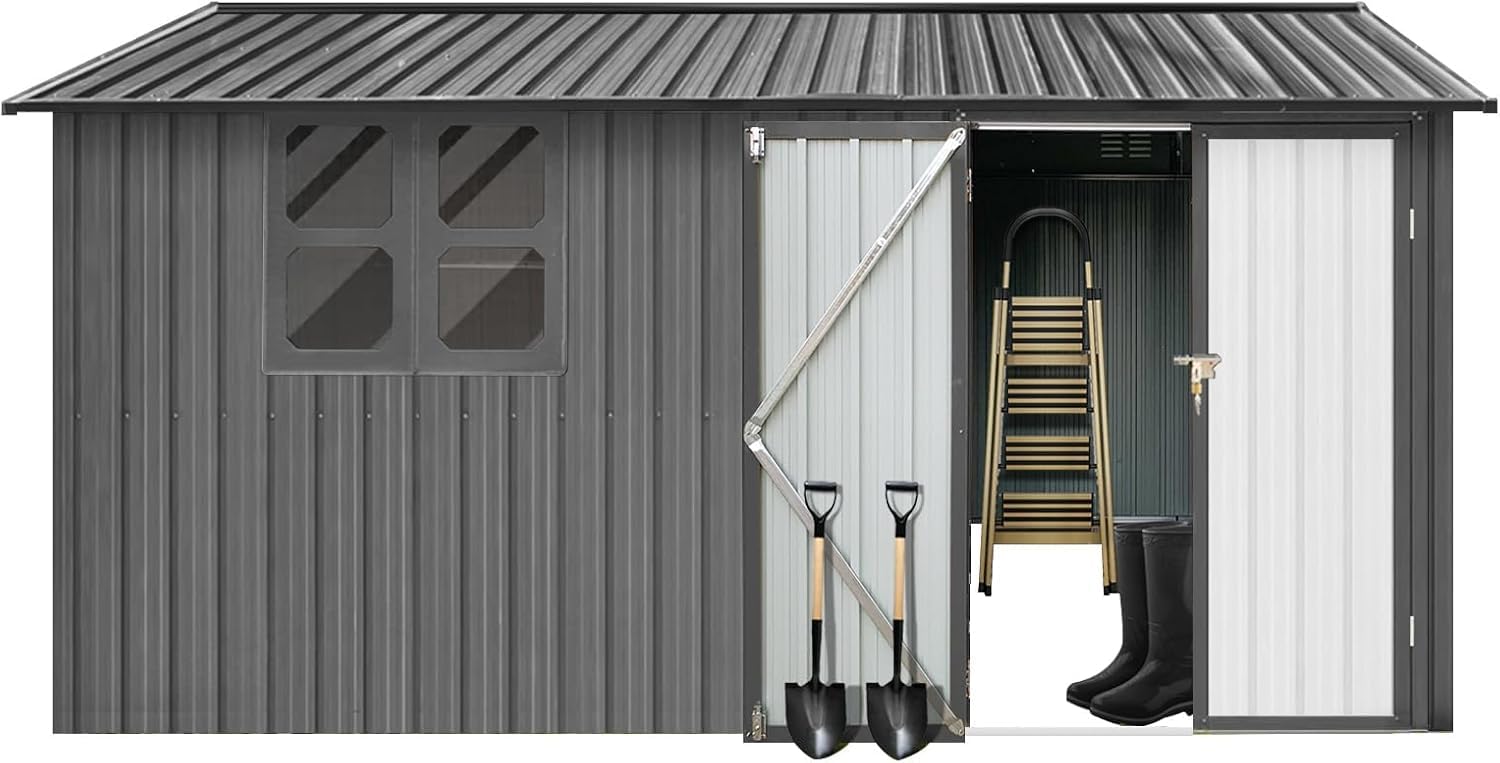 10x12 FT Outdoor Storage Shed, Large Metal Garden Shed with 4-pane Window, Outside Tool Shed with Lockable Hinged Doors & 4 Air Vents, Waterproof Storage Building for Backyard, Patio, Lawn, Gray