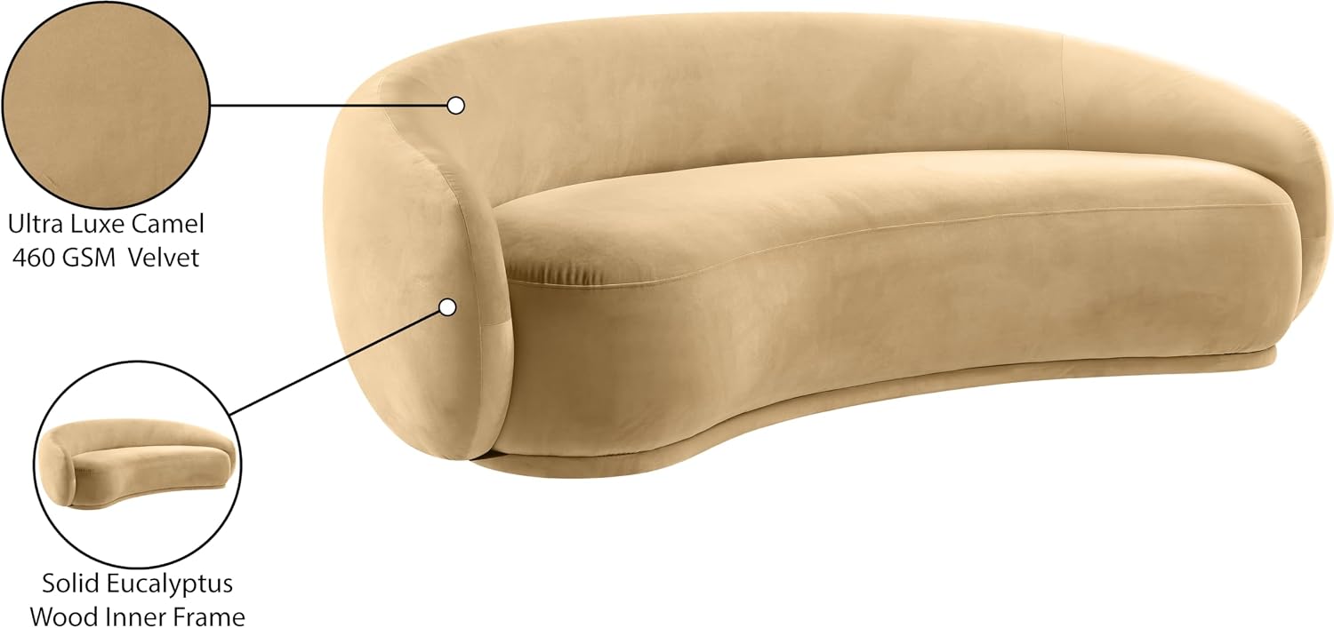 Meridian Furniture 44044Camel-S Emery Collection Modern | Contemporary Sofa with Ultra Luxe Camel 460 GSM Velvet, Solid Eucalyptus Wood Inner Frame, 95' W x 45.5' D x 31' H, Camel