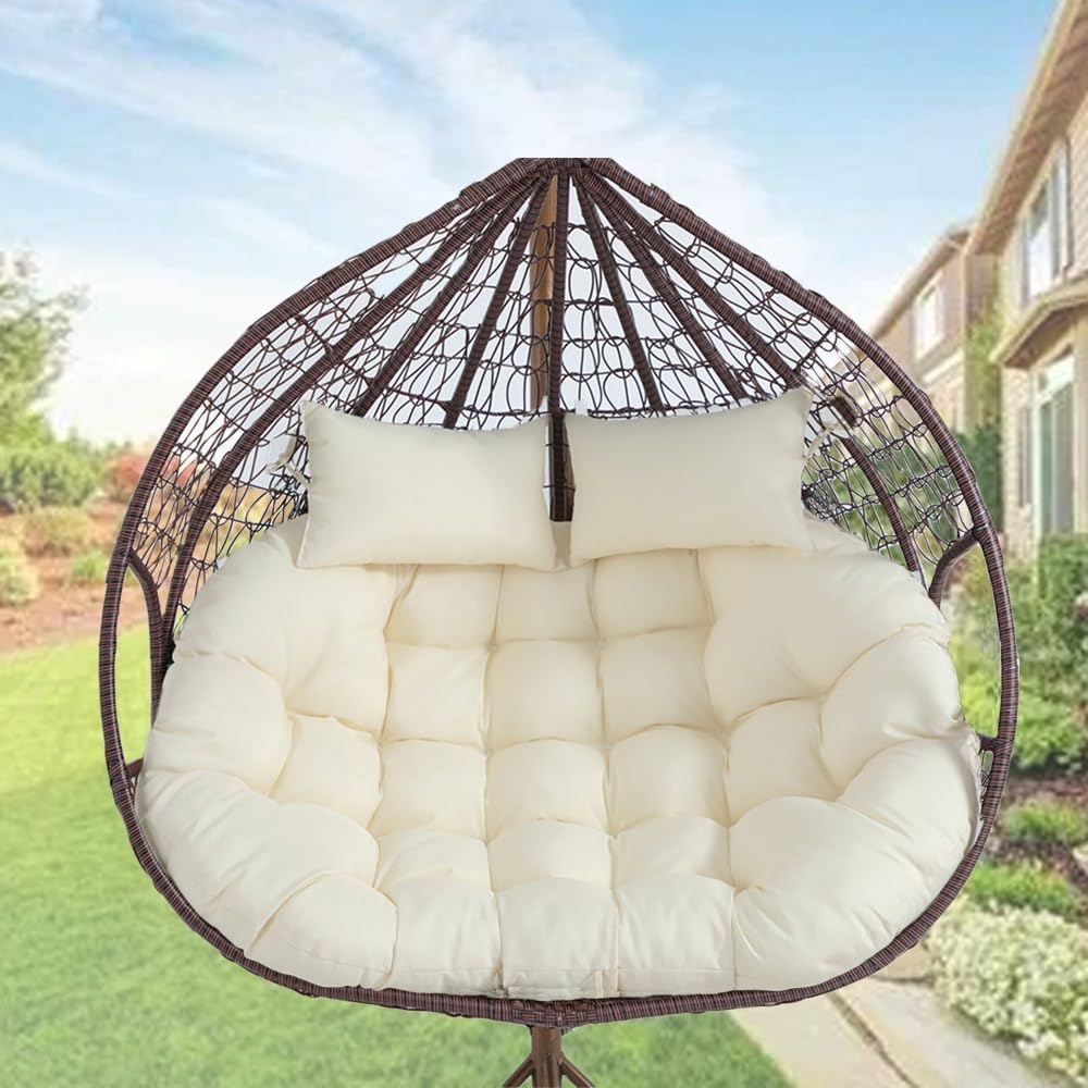 Oversized Double Papasan Chair Cushion 59 x 39 Inch (Without Chair), Outdoor Waterproof Hanging Swing Chair Cushion, Patio Swivel Rocker Chair Cushion with Headrest Pillow(Beige)