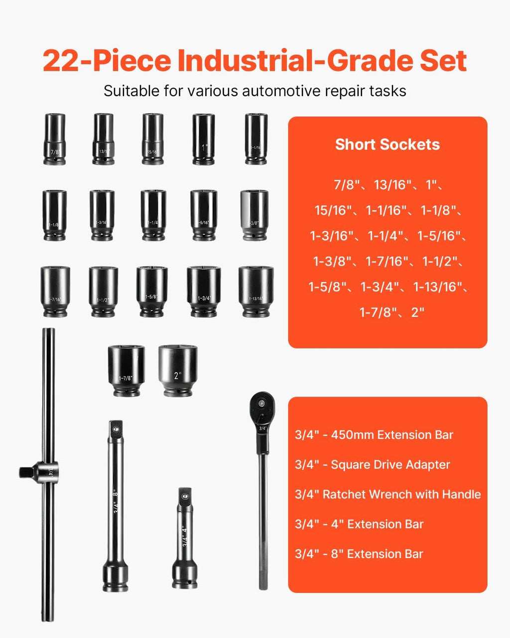 VEVOR Impact Socket Set 3/4 Inches 22 Piece Deep Impact Sockets, 6-Point Sockets, Rugged Construction, CR-V Drive Socket Set Impact SAE 13/16 inch - 2 inch, Includes Carrying Case and Ratchet Handle