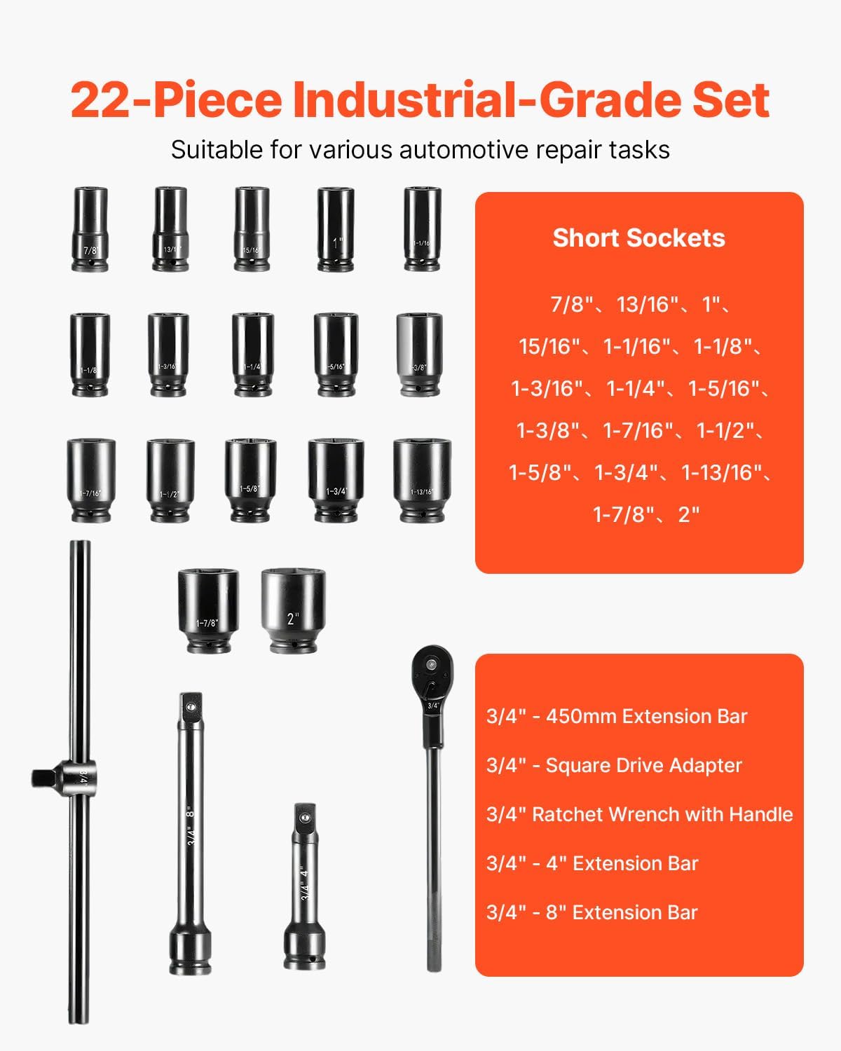 VEVOR Impact Socket Set 3/4 Inches 22 Piece Deep Impact Sockets, 6-Point Sockets, Rugged Construction, CR-V Drive Socket Set Impact SAE 13/16 inch - 2 inch, Includes Carrying Case and Ratchet Handle