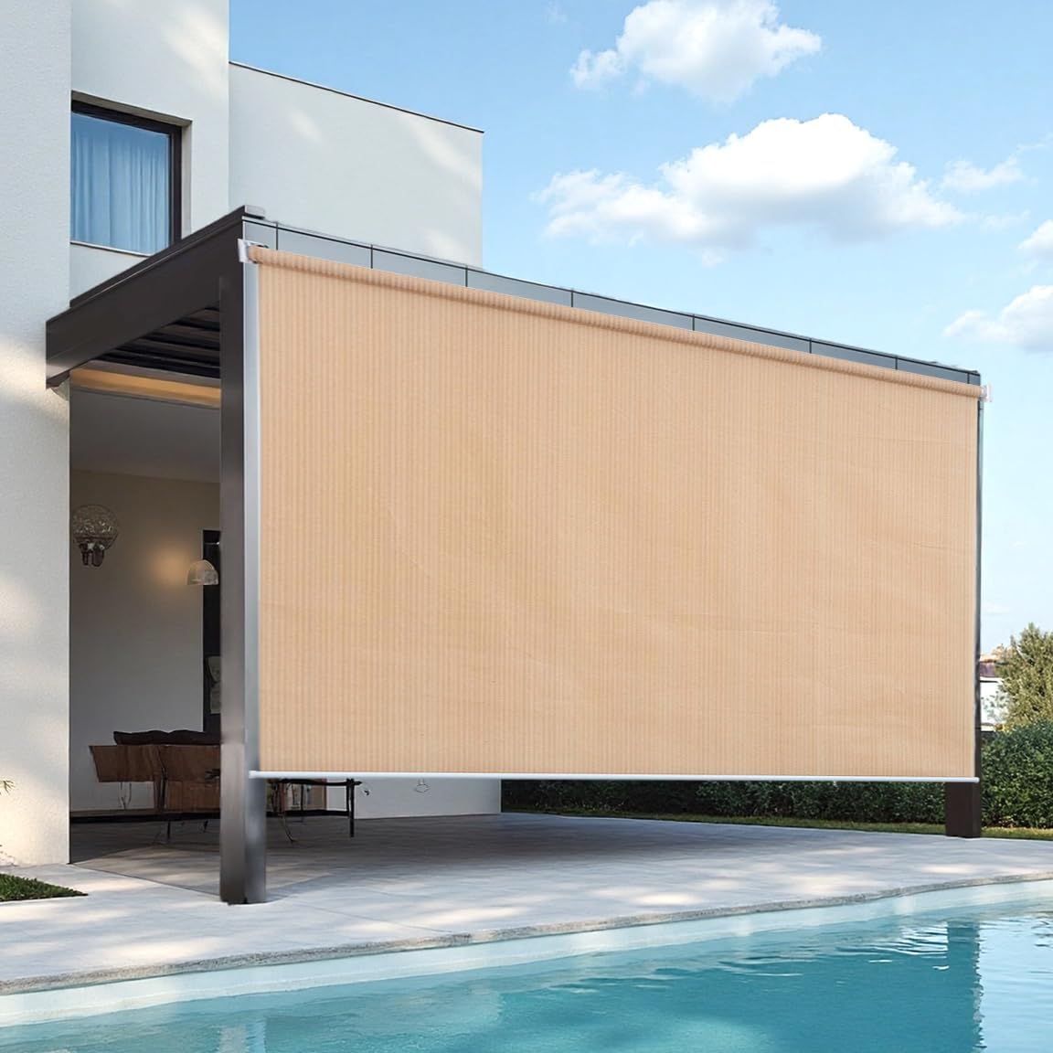 8' W x 8' H Roll up Shade for Outside, Outdoor Roller Shades, Privacy Sun Shade for Patio, Balcony, Deck, Beige Windproof Retractable Blinds