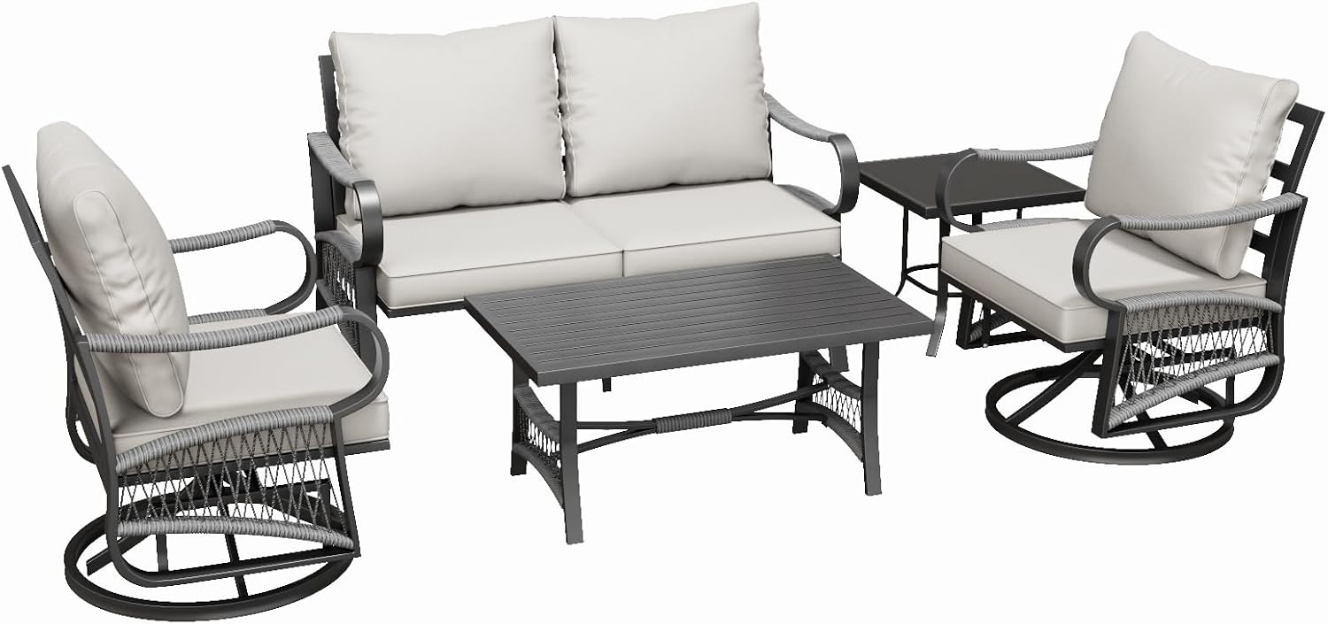 5 Piece Patio Furniture Set, Outdoor All Weather Conversation Sofa Set with 2 Swivel Chairs, Rope Braided Design and Thick Cushions for Garden, Porch, Lawn, Beige