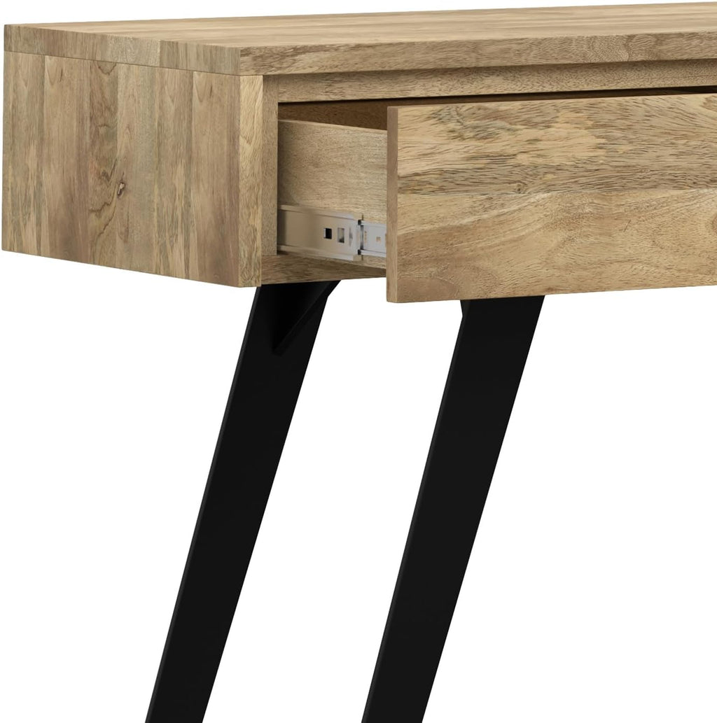 SIMPLIHOME Lowry Console Table - 60 Inch Wide Solid Mango Wood and Metal Sofa Table in Natural, Modern Industrial Storage Table for Entryway or Living Room with 3 Drawers and Angled Metal Legs