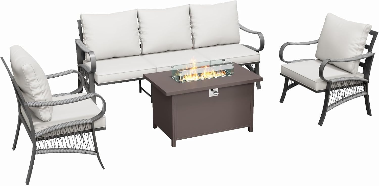 4 Piece Patio Furniture Set with 50000 BTU Propane Fire Pit Table, All Weather Metal Outdoor Conversation Sofa Set with Thick Cushions for Garden, Porch, Lawn, Beige