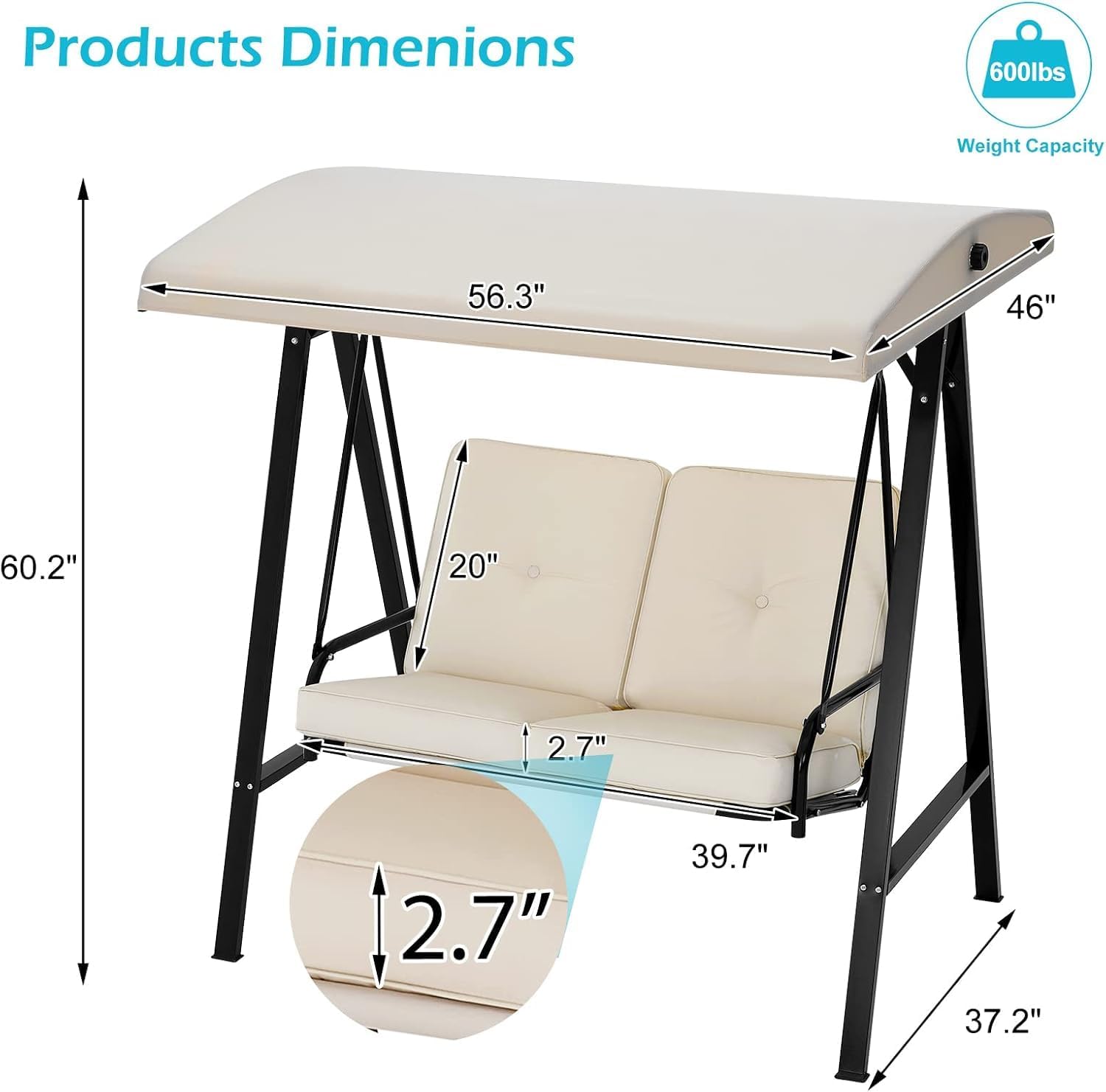 AECOJOY 2-Seat Outdoor Patio Swing Chair with Adjustable Canopy, Porch Swings Chairs for Adult, Outside Swing Bench with Removable Cushion, Suitable for Backyard, Garden, Yard, Poolside, Balcon,Beige