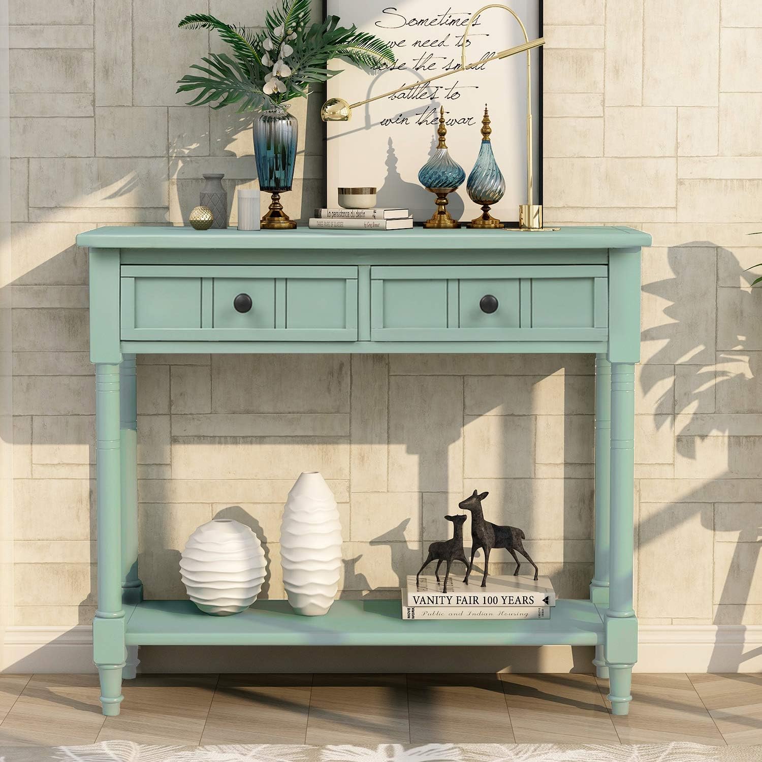 Bellemave Console Table with Drawers, Retro Entryway Table with 2 Drawers and Open Storage Shelf, Narrow Long Sofa Table, Behind Couch Table for Living Room, Foyer and Hallway, Retro Blue