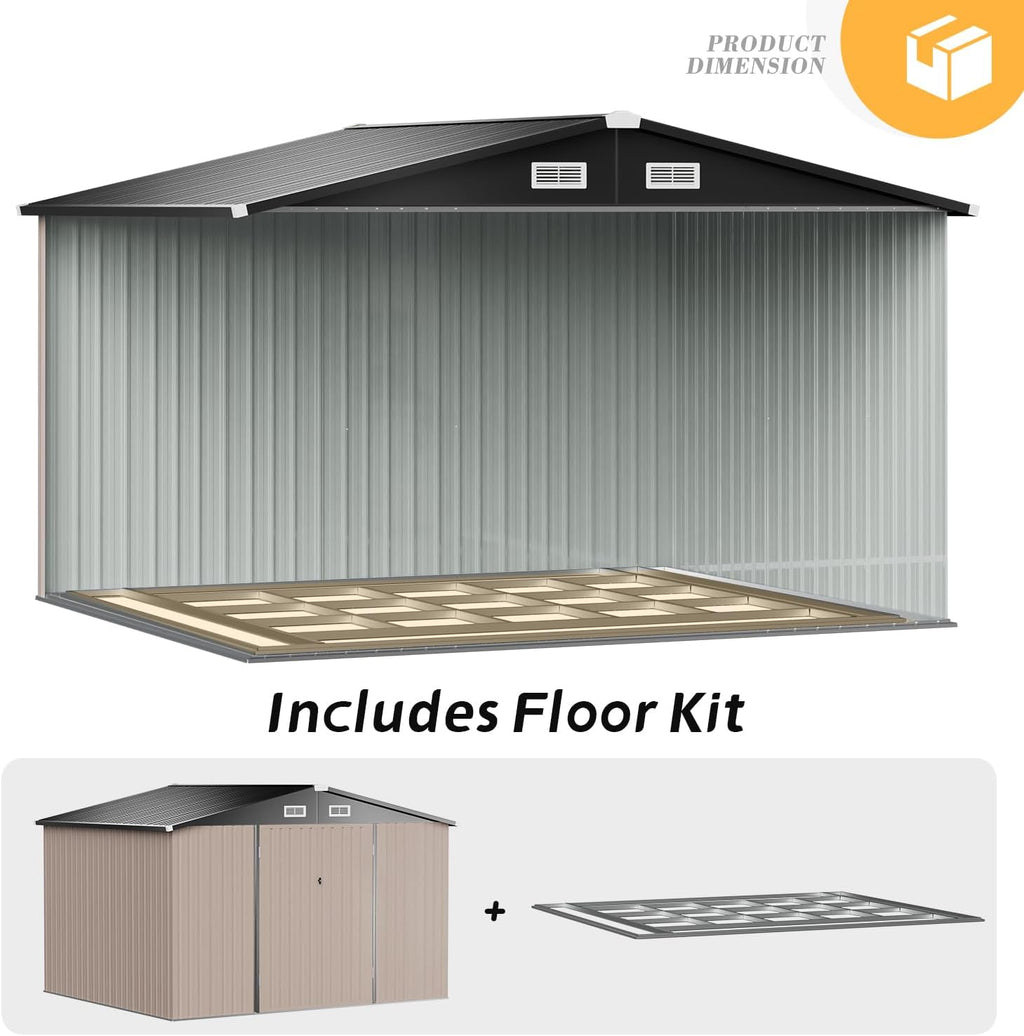 Outdoor Storage Shed 8x10 FT, Utility Steel Tool Shed with Lockable Door and Air Vents, Galvanized Metal Shed for Garden Backyard Patio Lawn (8' x 10') Brown,G37009-12