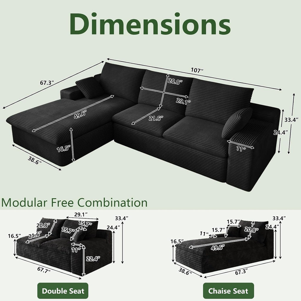107' Cloud Couch Modular Sectional Sofa for Living Room, L-Shape Boneless Couch with Deep Seat, Modern Corduroy 3-Seater, No Assembly Required (Black,Left-Facing Chaise)