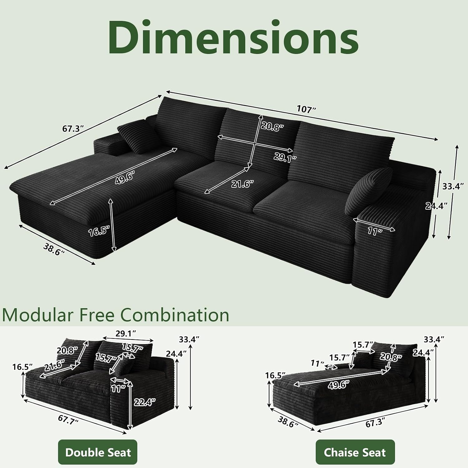 107' Cloud Couch Modular Sectional Sofa for Living Room, L-Shape Boneless Couch with Deep Seat, Modern Corduroy 3-Seater, No Assembly Required (Black,Left-Facing Chaise)