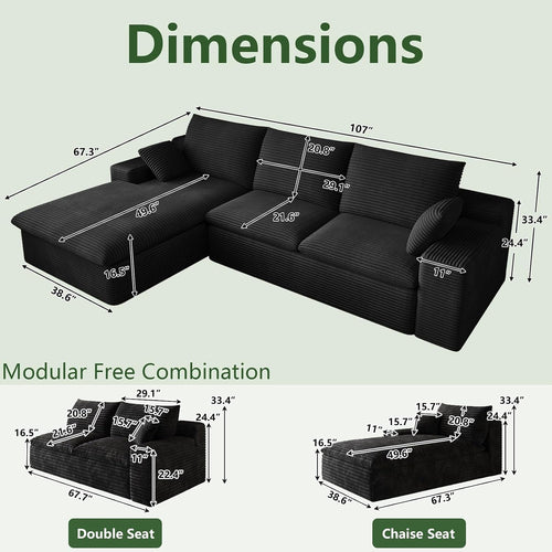 107' Cloud Couch Modular Sectional Sofa for Living Room, L-Shape Boneless Couch with Deep Seat, Modern Corduroy 3-Seater, No Assembly Required (Black,Left-Facing Chaise)