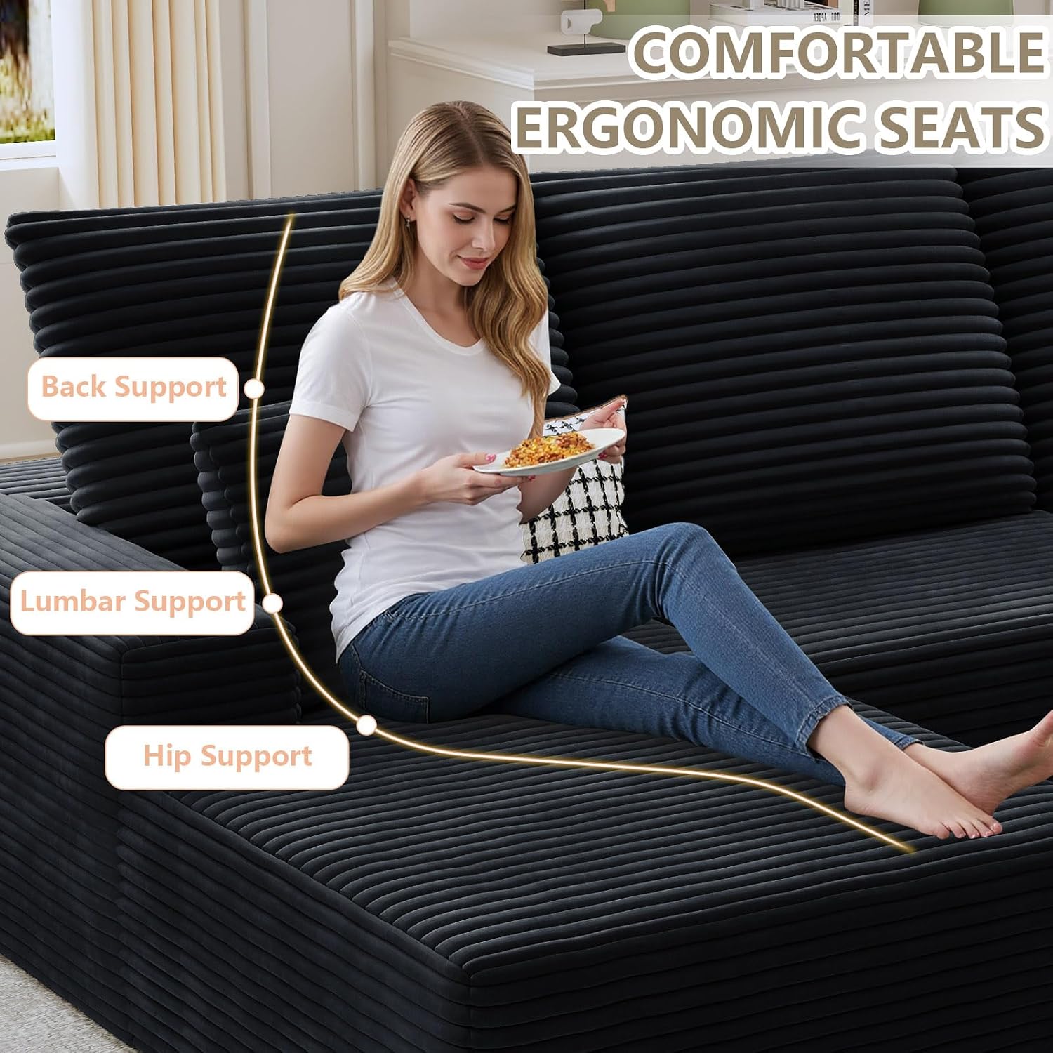 107' Cloud Sectional Couch with U-Shaped Chaise, Corduroy Sectional Sofa with Ottoman, Boneless Couch with Deep Seat in a Box for Living Room, No Assembly Required (Black, Left Facing Chaise)