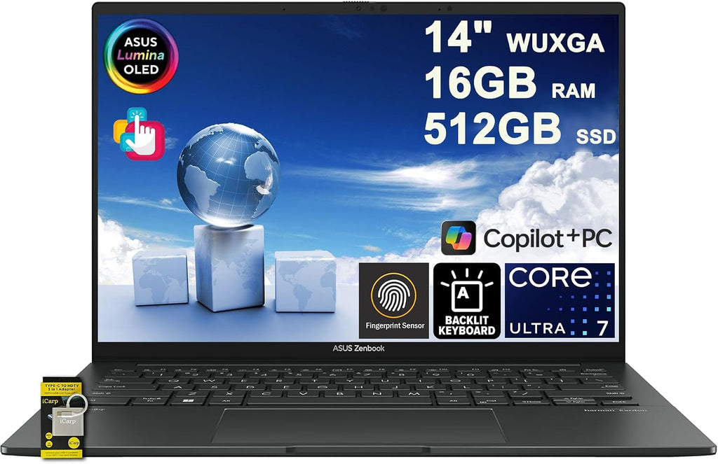 ASUS Zenbook 14 Laptop 14' WUXGA OLED Touch (500nits HDR, 100% DCI-P3) Intel 16-core Ultra 7 255H (>Ultra 9 185H) 16GB RAM 512GB SSD Backlit for Designer Business Professional Win11 ICP Hub