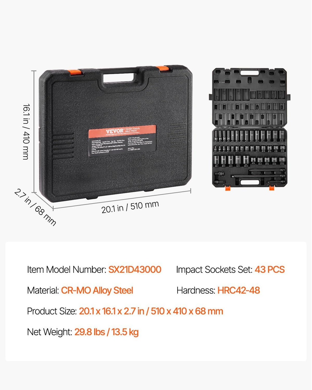 VEVOR Impact Socket Set 1/2' Socket Set 43 Piece Deep & Shallow SAE 3/8' to 1-1/2', 6 Point Cr-Mo Alloy Steel for Auto Repair, Easy-to-Read Size Markings, Rugged Construction, Storage Case