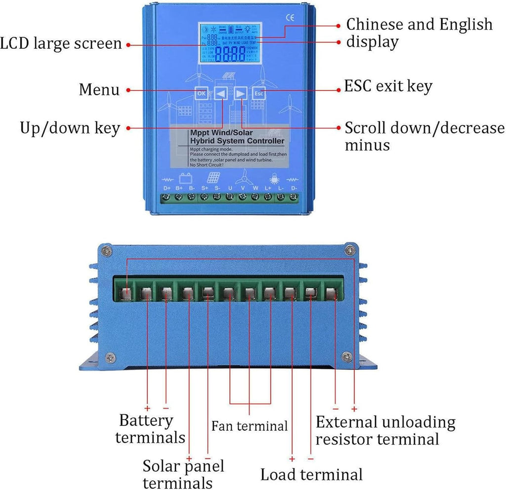 Wind Solar Hybrid Charge Controller Wind Solar Hybrid System MPPT Charge Controller with Dump Load Wind Turbine Generator Solar Panel 12V/24V/48V Auto Regulator,10000W-24V