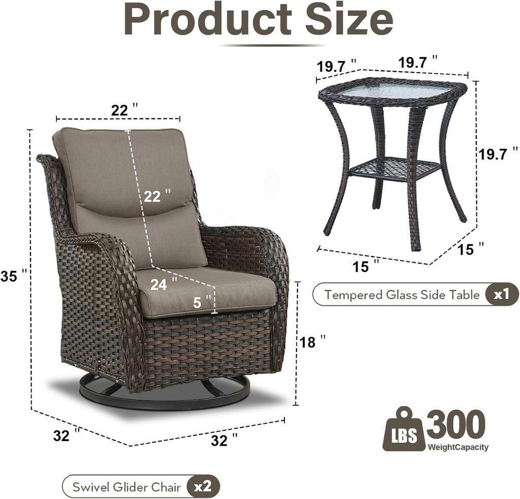 Outdoor Swivel Rocker Patio Chairs with 5' Thick Cushion - 3 Piece Wicker Bistro Set with Side Table, High Back Comfty Outdoor Glider Chairs for Balcony, Porch, Deck, Poolside - Brown-Gray