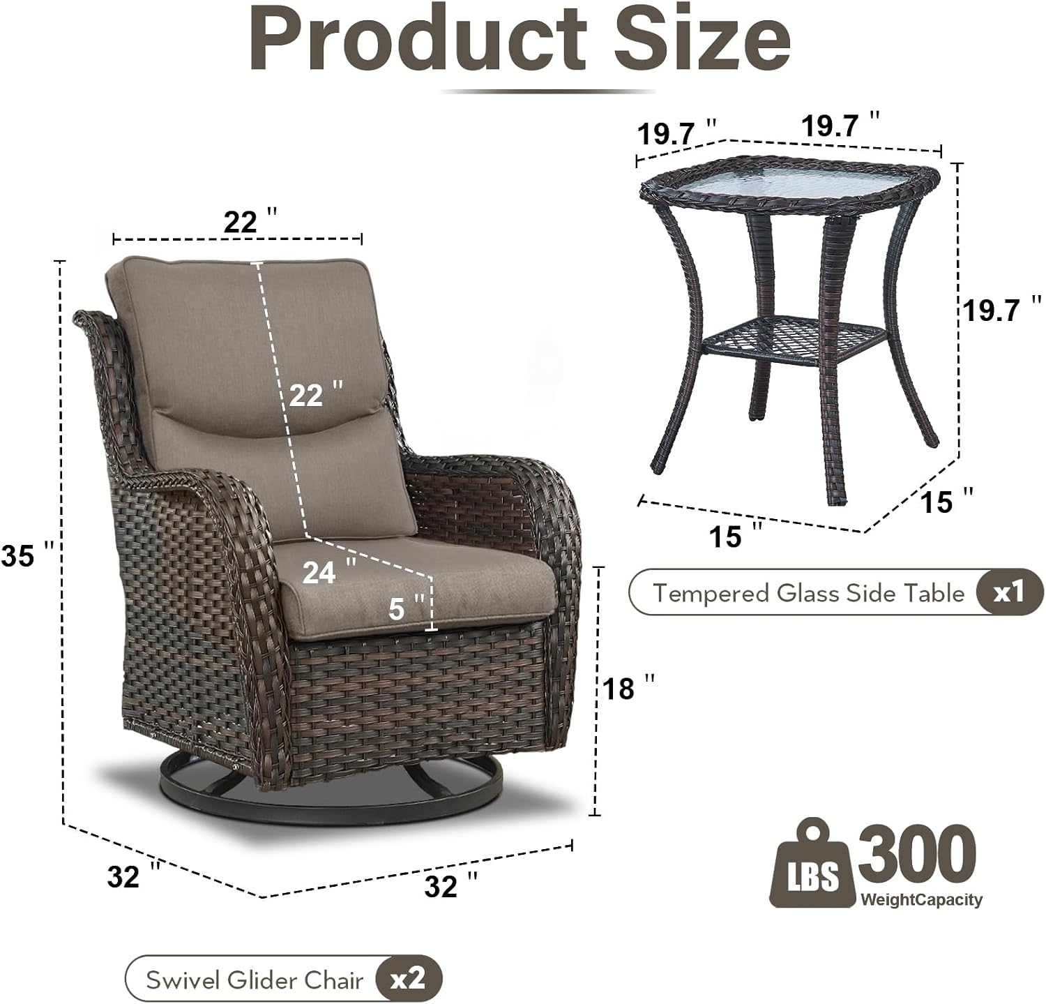 Outdoor Swivel Rocker Patio Chairs with 5' Thick Cushion - 3 Piece Wicker Bistro Set with Side Table, High Back Comfty Outdoor Glider Chairs for Balcony, Porch, Deck, Poolside - Brown-Gray