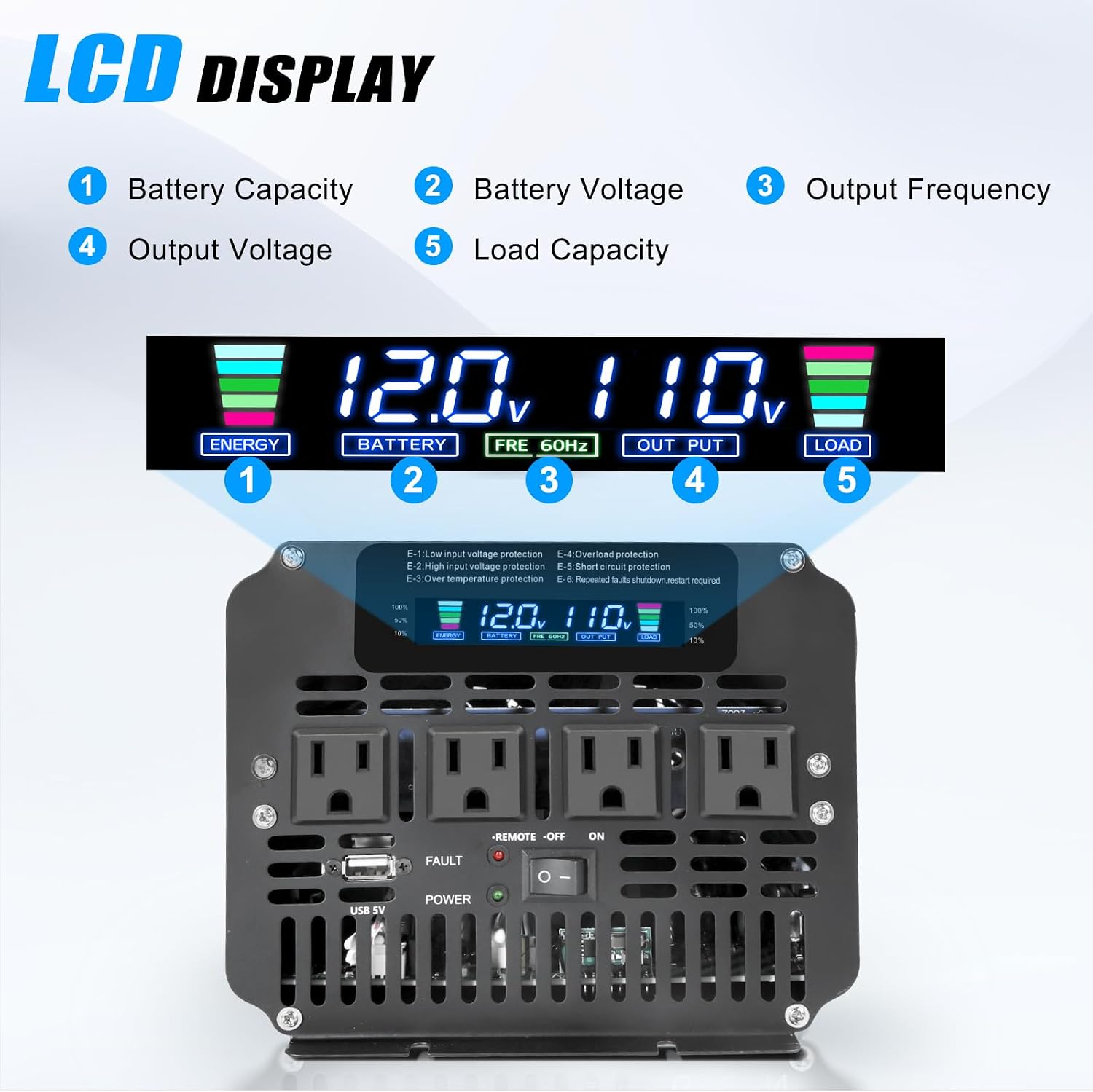 LVYUAN 3000 Watt Power Inverter 12V to 110V 120V DC to AC with 4 AC Outlets, LCD Display, USB Port & Remote Control for Home, RV, Vehicle, Truck, Off-Grid Solar System, Heavy Duty Outdoor Camping