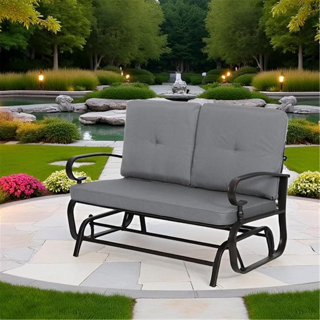 SUNCROWN Outdoor Swing Glider Chair, Patio 2 Seats Loveseat Rocking Chair with Cushions, Steel Frame Furniture Garden Seating with Cushion - Grey